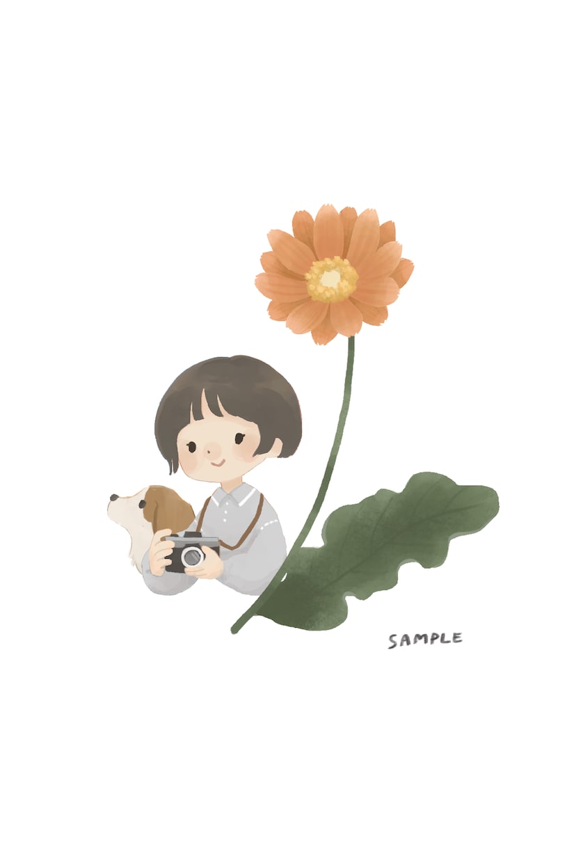 お花を添えた似顔絵を絵本タッチでお描きします 好きな花や誕生花を添えて特別なプレゼントにも。 イメージ5