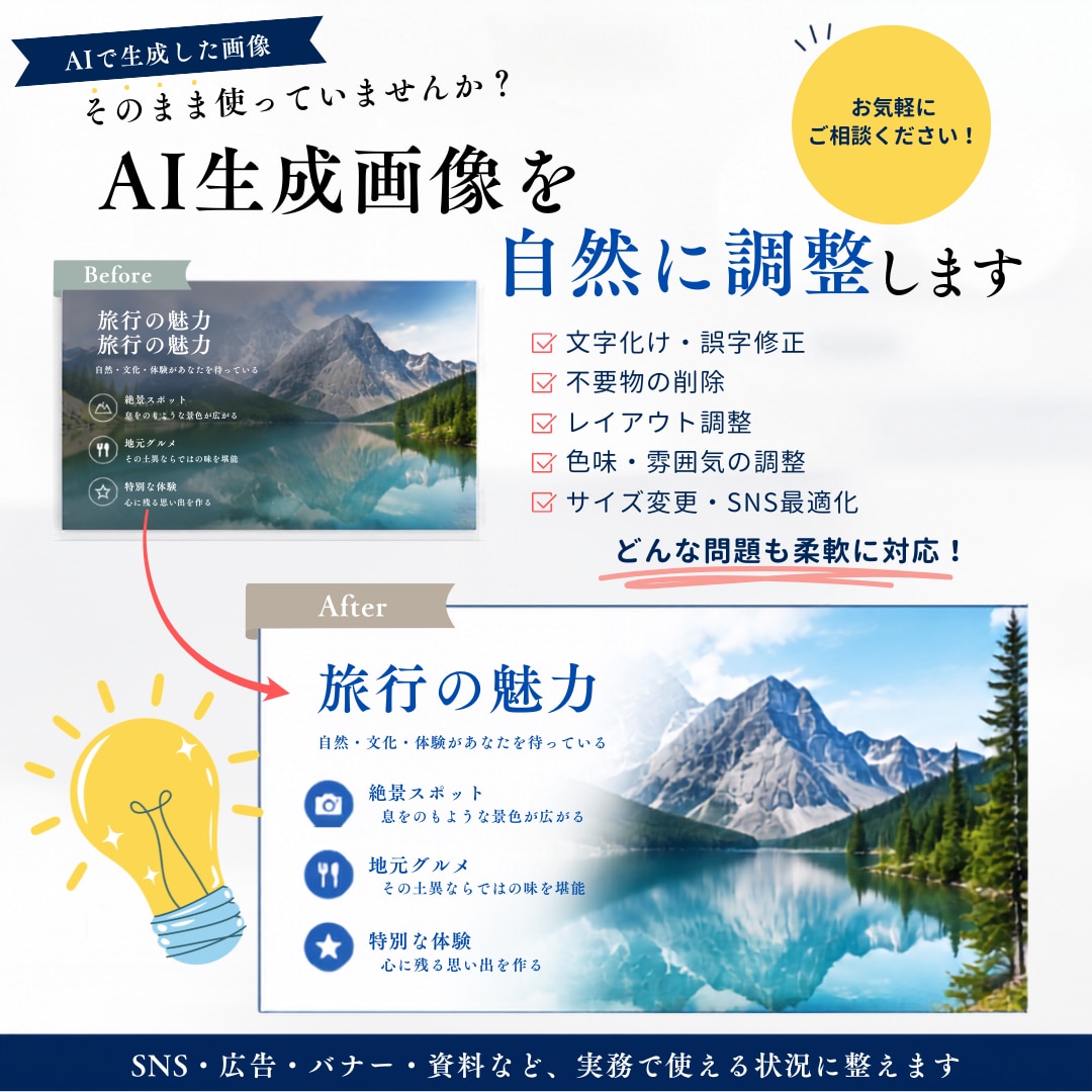 AI生成画像を実用向けデザインに修正します 文字化け修正やデザインの変更・調整などを柔軟に対応します イメージ1