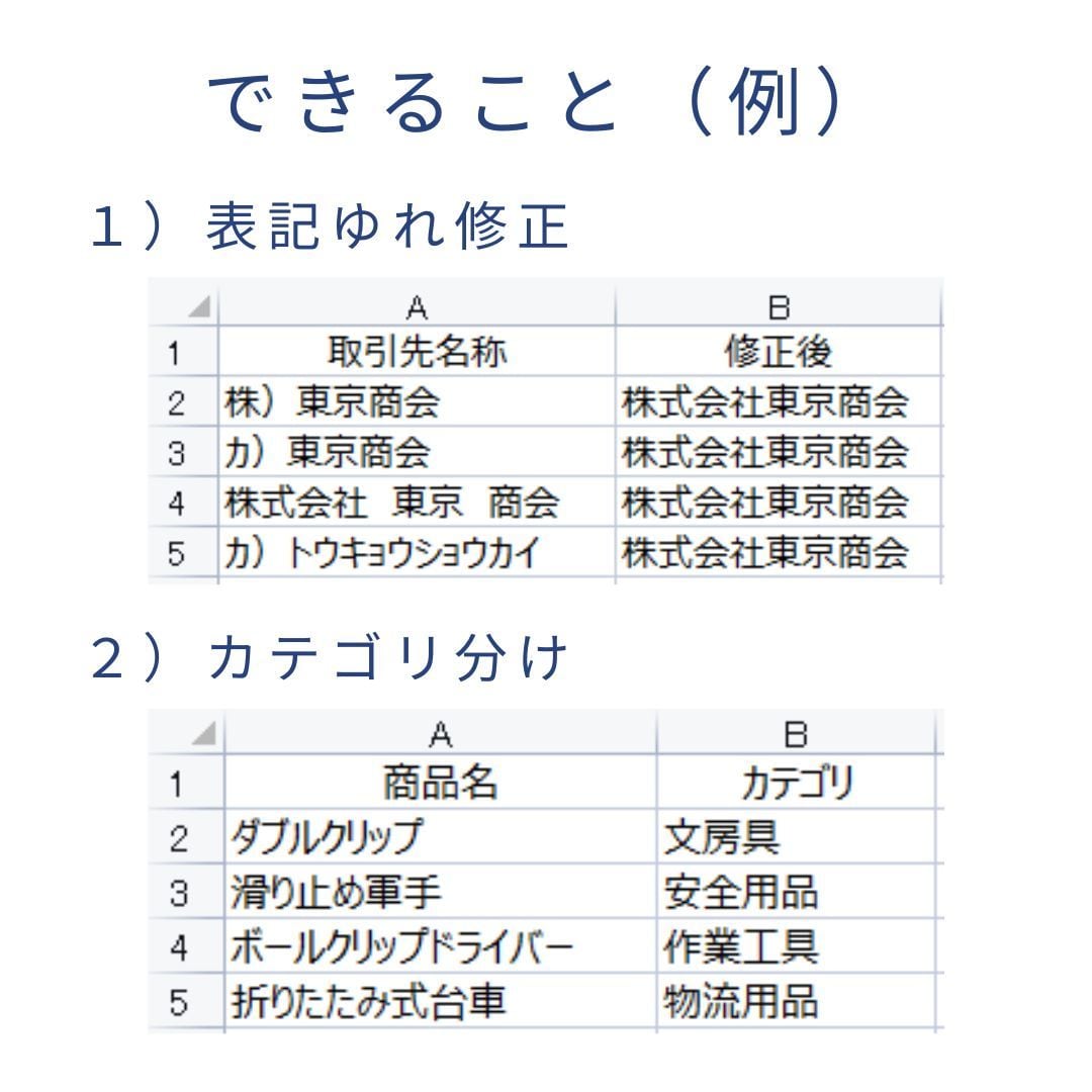 分析しやすいデータにクレンジングします 会社名の表記ゆれ整理・商品のカテゴリ分けに対応 イメージ5