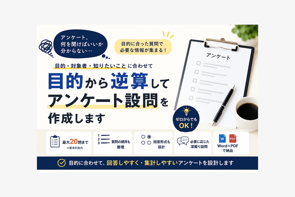 目的に合わせたアンケート設問を作成します 質問ゼロからOK｜設問・選択肢・順番まで設計 イメージ1