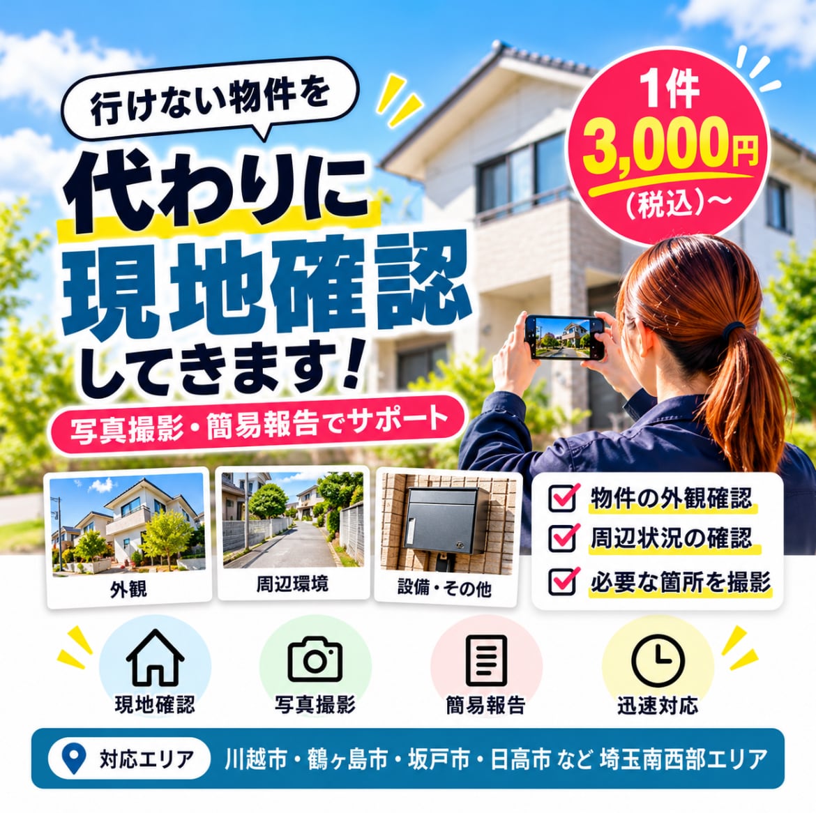 埼玉の空き家等を現地確認し、写真付きでご報告します 行けない物件、代わりに見ます！地元在住者が確認・撮影します。 イメージ1