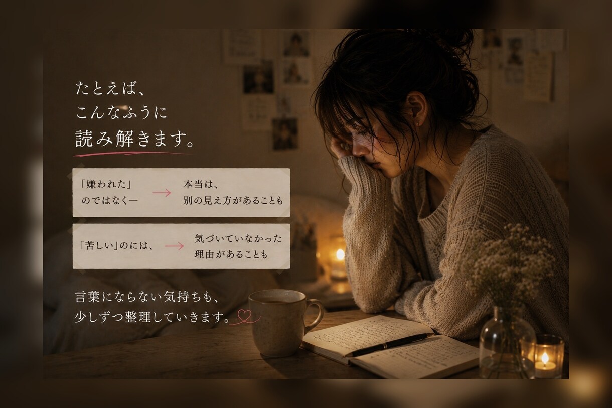 あの人の本音と、この恋が苦しい理由を読み解きます 分かってほしかった恋の苦しさに寄り添う感情翻訳リーディング イメージ5