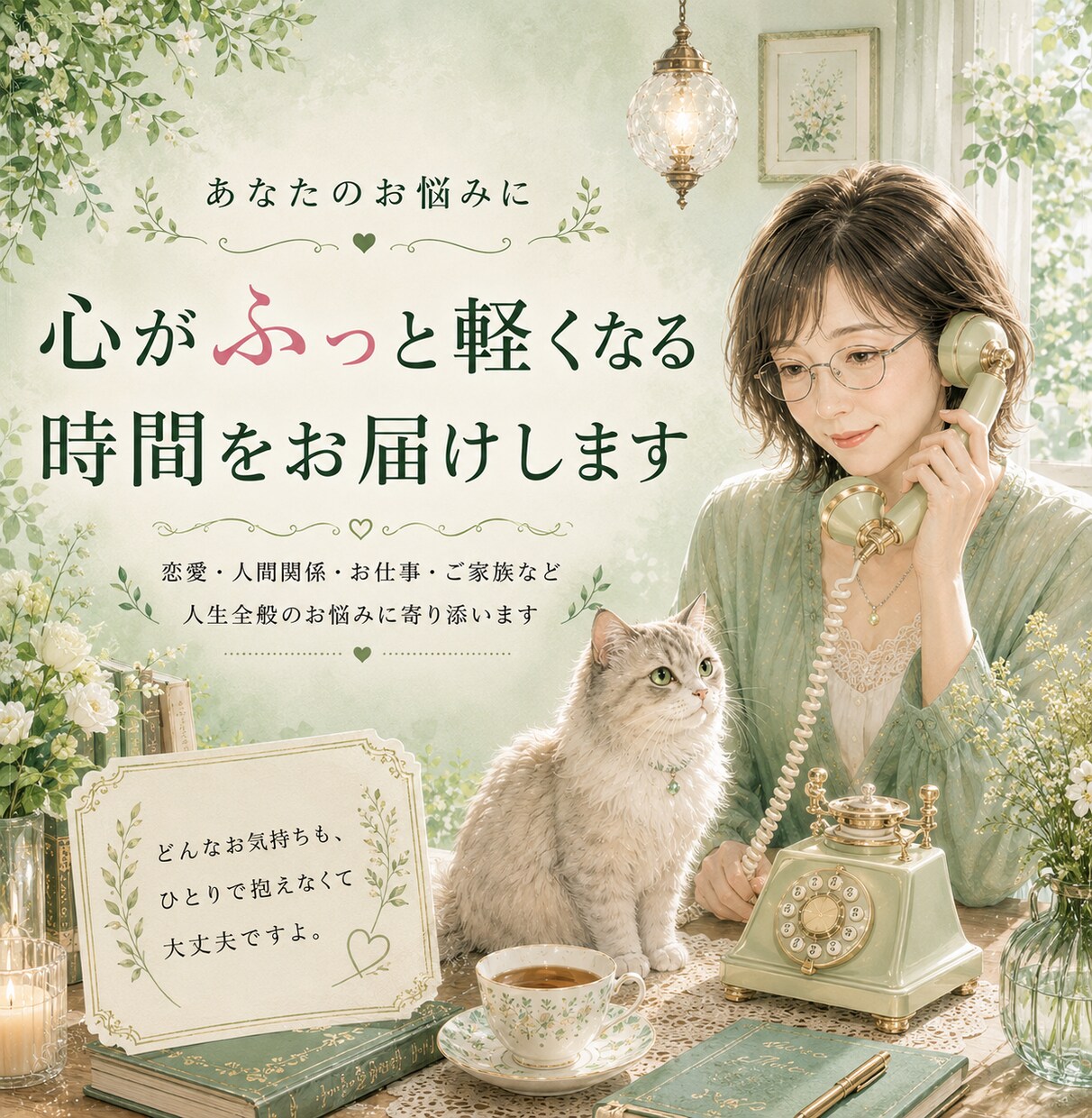 女性専用 | 思いを気軽にお話し下さい伺います 恋愛•人間関係・人生の悩みに安心して話せる時間をお届けします イメージ1