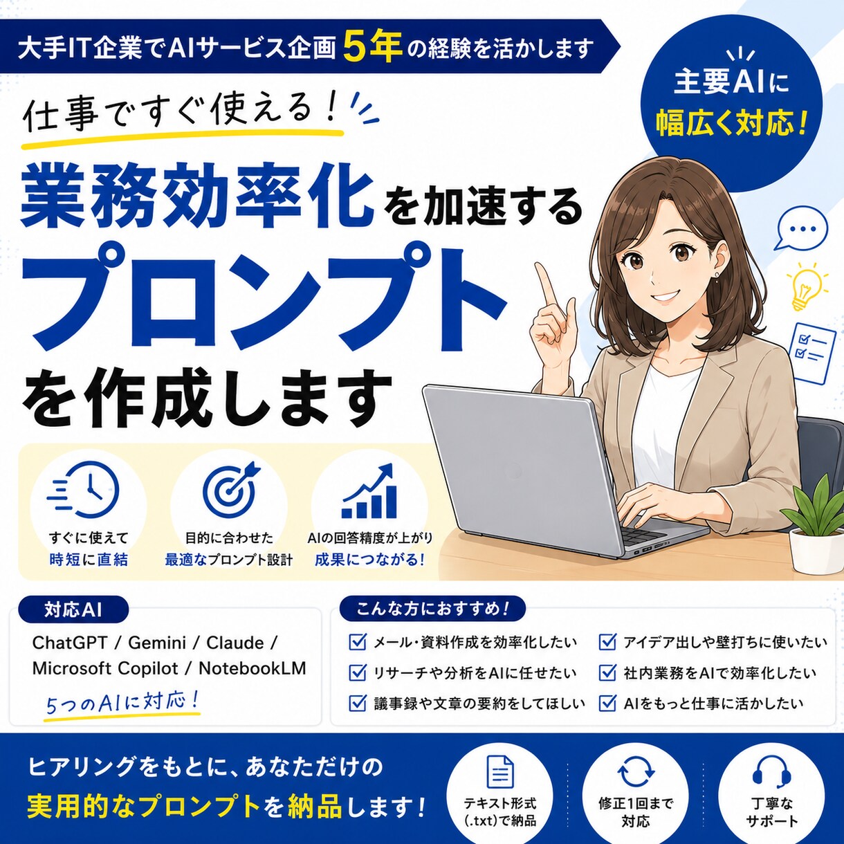 すぐに使えるAIプロンプトを作成します 大手IT企業でAIサービス企画5年の経験を活かして支援します イメージ1