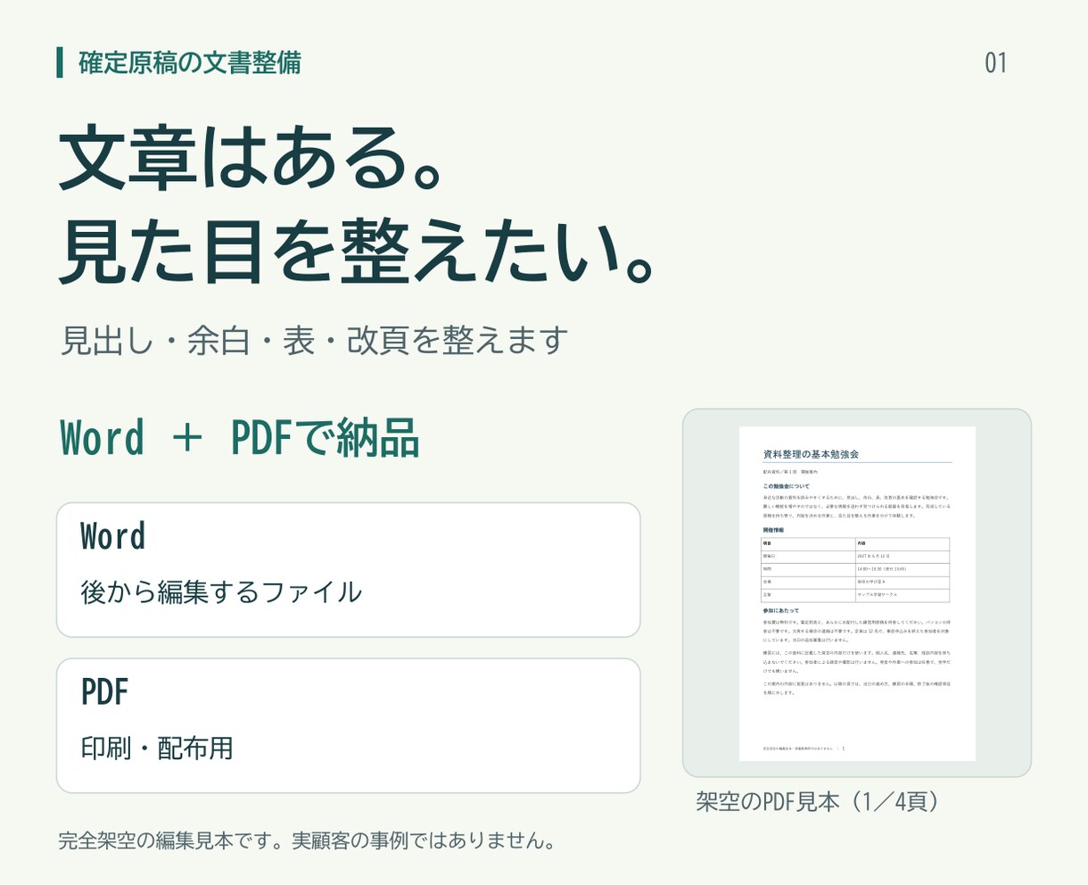 確定原稿を読みやすい文書に整えます 文章は変えず、見出し・余白・表を整えて納品 イメージ1