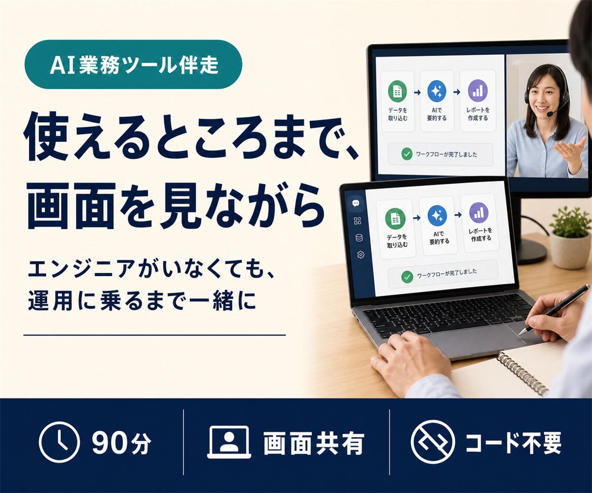 AI業務ツールをビデオ伴走で一緒に作ります エンジニア不在でもOK。90分で使えるツールをお渡し イメージ1