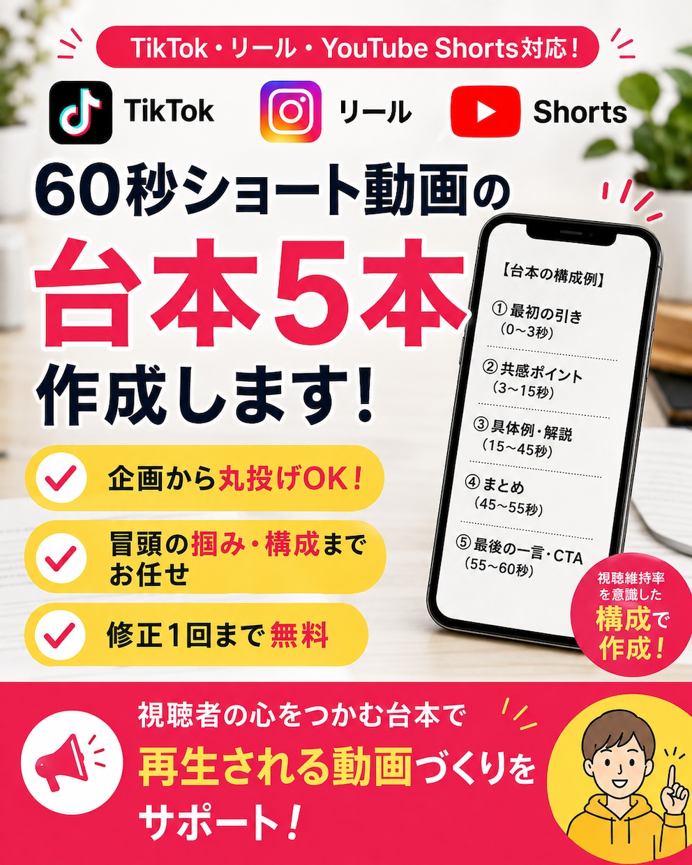 ショート動画の台本を5本作成します 冒頭3秒で惹きつける60秒台本を作成します イメージ1