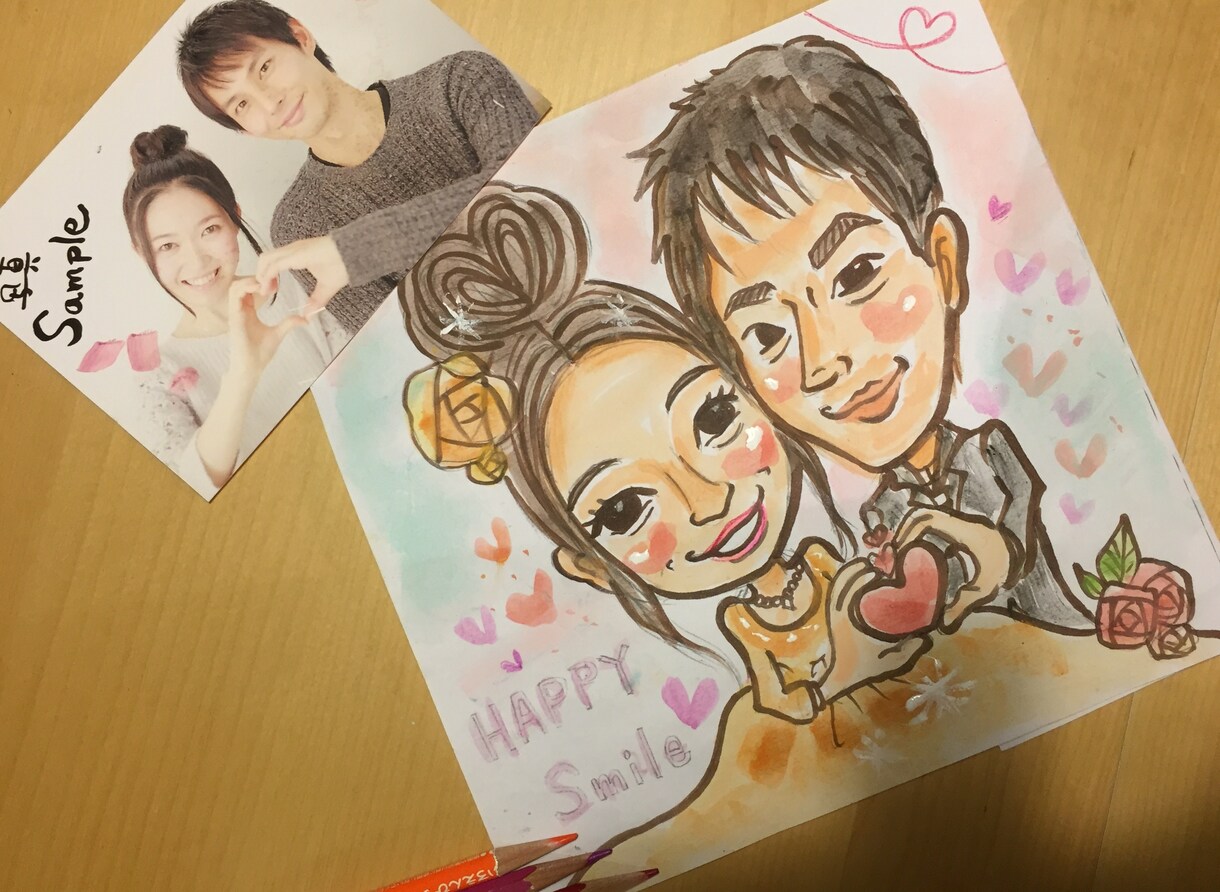 ブライダル♡敬老ギフトに♡ハッピー似顔絵♡ブーケ入りお二人様価格★A3サイズまでOK！衣装指定OK  イメージ2