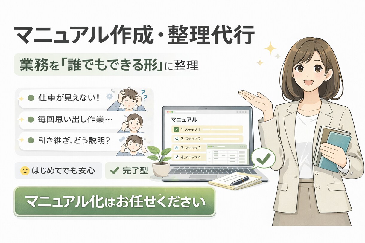 業務マニュアル作成｜作業手順を見える化ます 今の手順、やり方に合っていますか？毎回迷う作業を整理します イメージ1