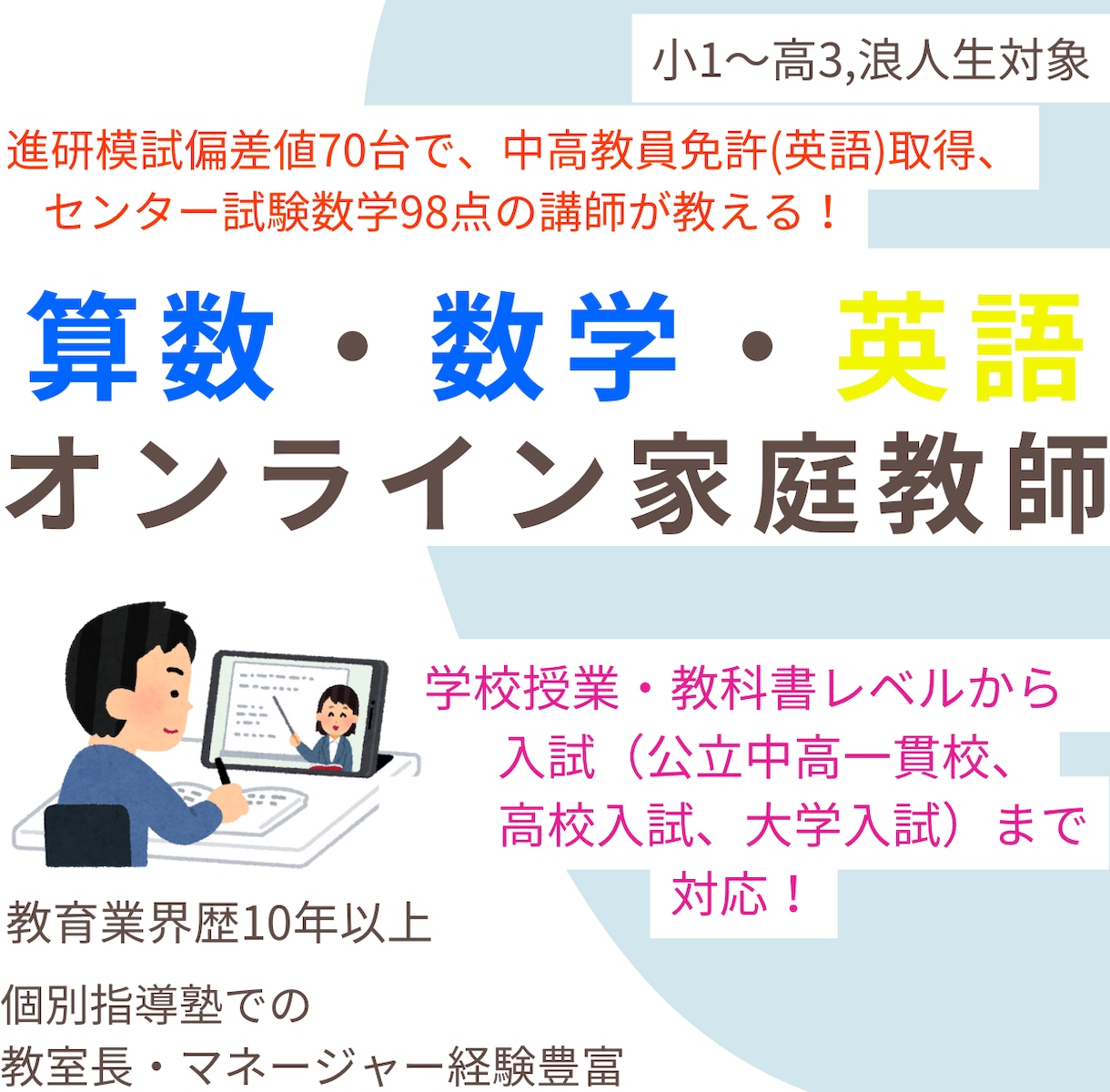 小中高対応！偏差値70超の私が英語と数学を教えます 指導歴13年で500名指導の私が、わかる楽しさ気づかせます！ イメージ1