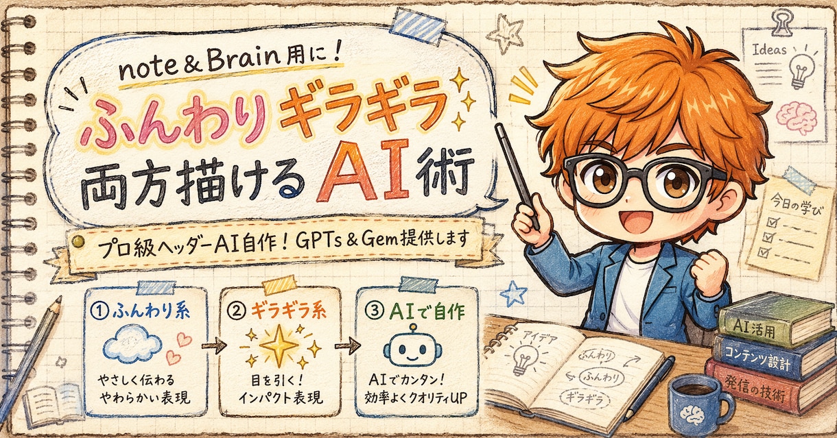 プロ級ヘッダーAI自作！GPTs＆Gem提供します note＆Brain用に！ふんわりギラギラ両方描けるAI術 イメージ2