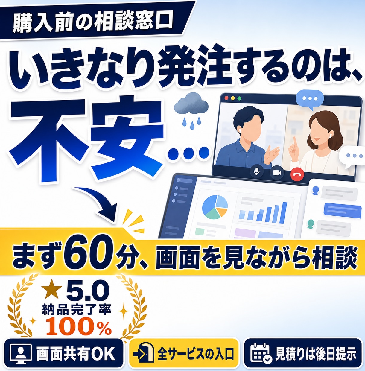 購入前の事前オンラインミーティングができます 発注前の疑問や不安を、画面共有をしながら60分で解消します イメージ1
