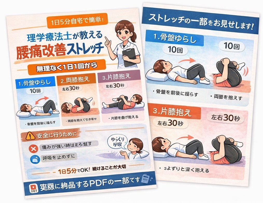 理学療法士監修｜腰痛改善ストレッチPDF販売します ポスター風、腰痛セルフケアPDF（イラスト付き） イメージ1