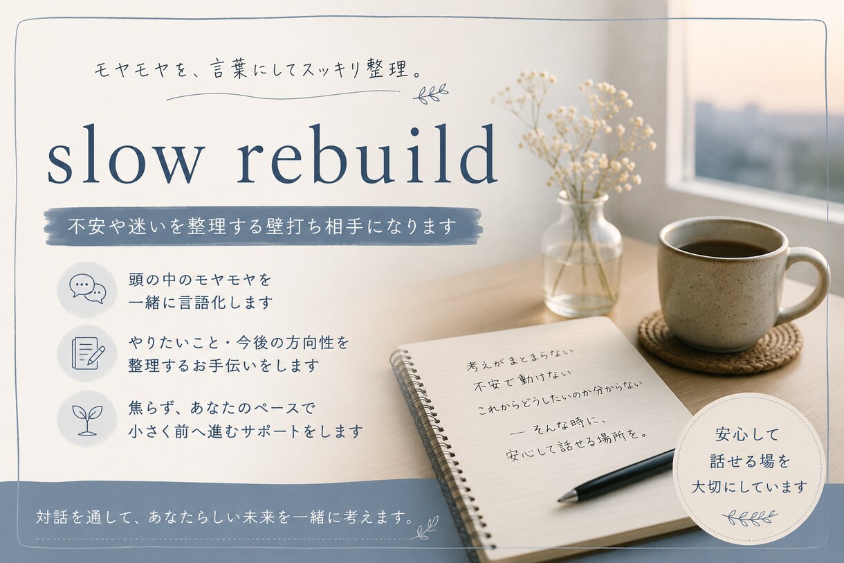 不安や迷いを整理する壁打ち相手になります 無理に答えを出さず、一緒に言葉にして整理していきます イメージ1
