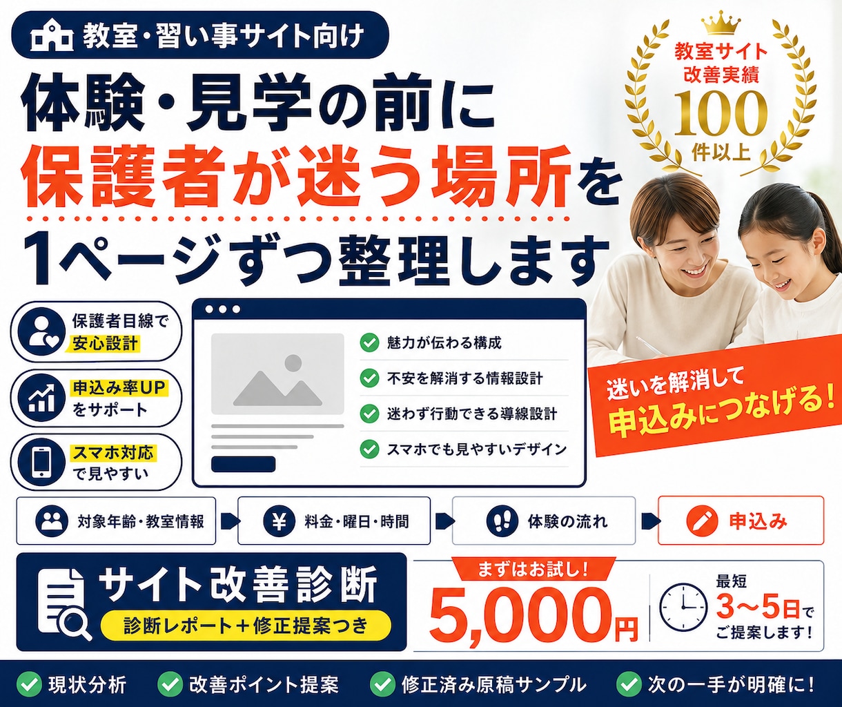 教室サイトの体験・見学導線を診断します 保護者が迷う1ページを、直す順番まで整理します イメージ1