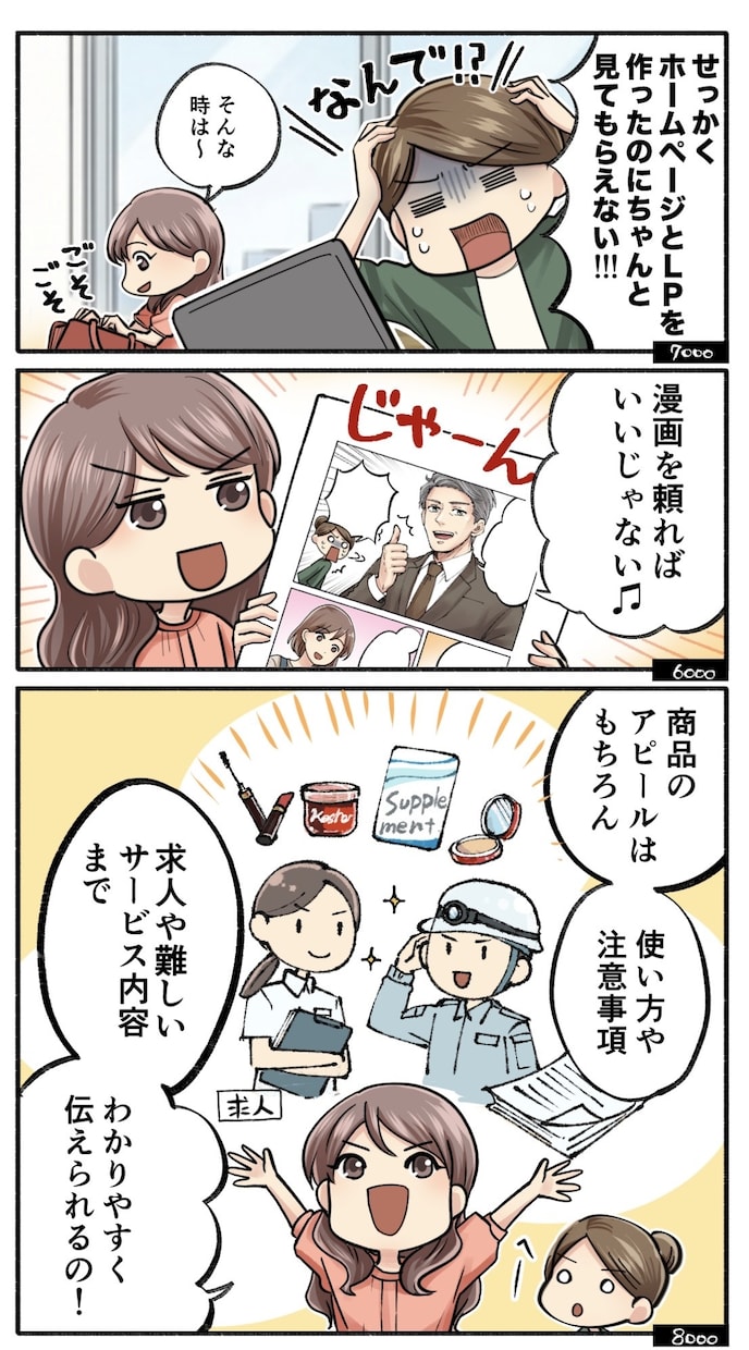 目を惹く広告用LP漫画を制作いたします 難しいサービス紹介から商品PR、求人漫画もお任せください イメージ1