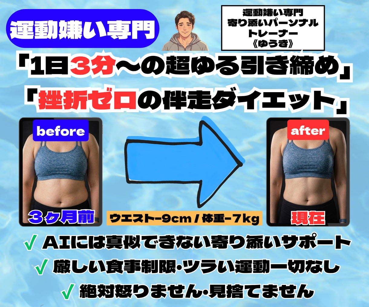 運動嫌い専門1日3分からのゆる引き締めを伴走します 絶対怒らない！三日坊主でも無理なく続く寄り添いダイエット イメージ1