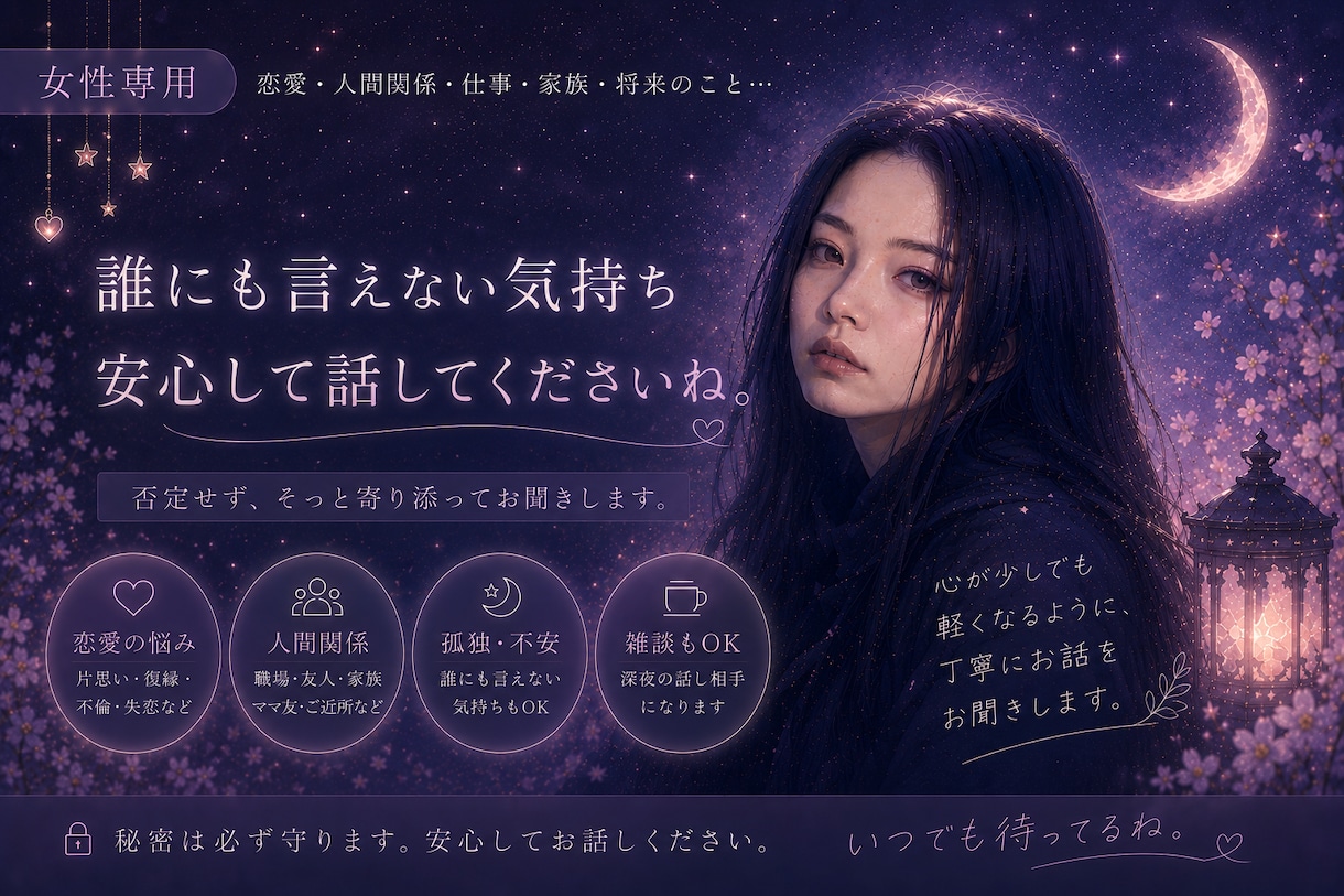 女性の複雑な悩み、否定せず聞きます 一緒にここでお話していきませんか？まってます。 イメージ1