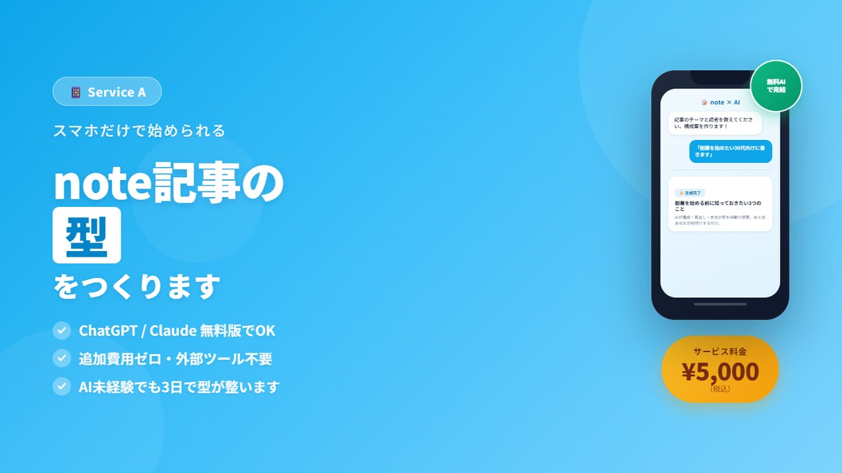 スマホ×無料AIでnote記事作成の型を作ります 「何を書けばいい？」と考えるたびに手が止まっていませんか？ イメージ1