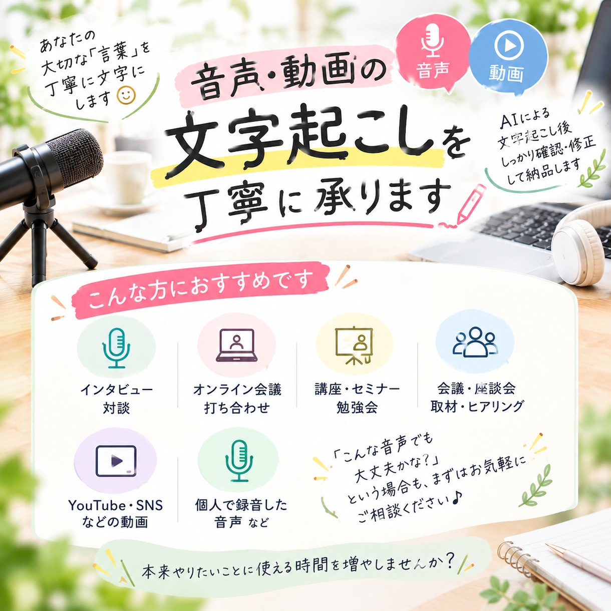 音声・動画の文字起こし代行します 個人発信やインタビューにも丁寧に対応します イメージ1