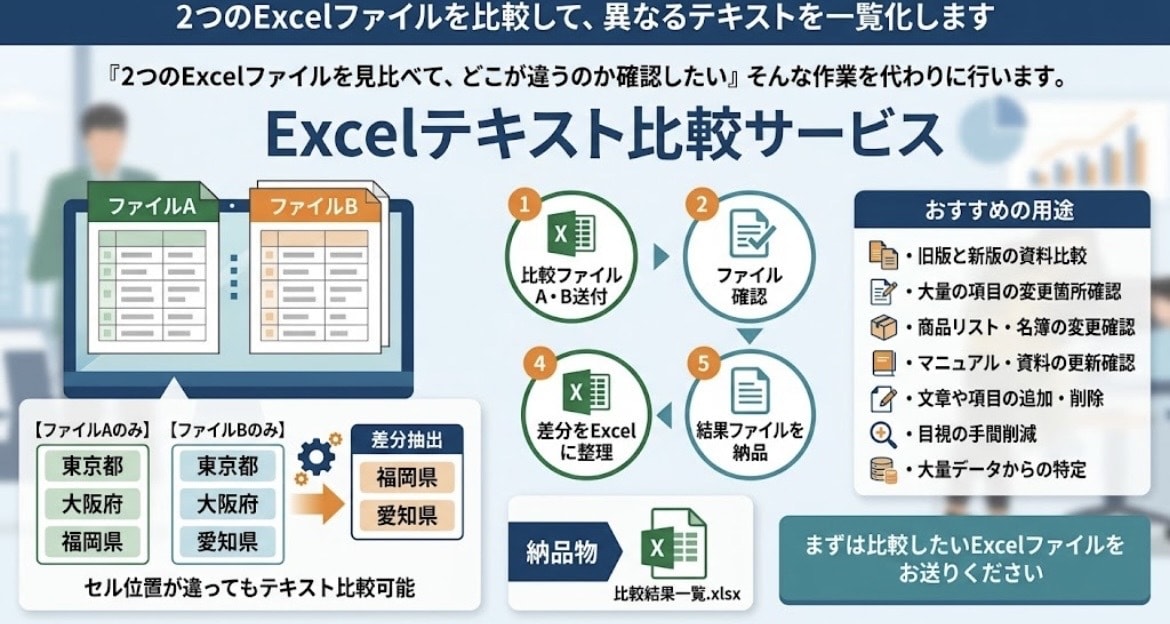 違うテキストだけを一覧化します Excel/Wordファイル2つのテキストの違いを比較します イメージ1