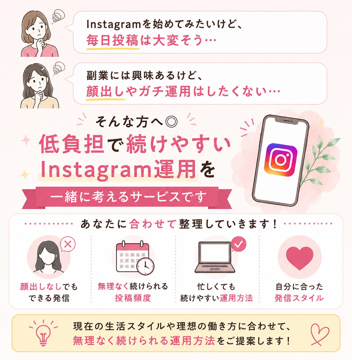副業向け｜無理なく続くインスタ発信を提案します 無理せず始めるインスタ副業、頑張りすぎないSNS運用へ イメージ3
