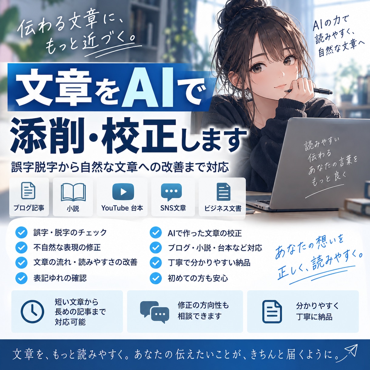 文章をAIで添削・校正します 誤字脱字から自然な文章への改善まで対応 イメージ1