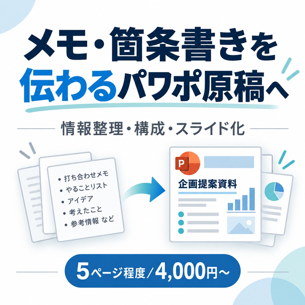 メモ・箇条書きを伝わるパワポ原稿に整理します 説明・報告用のパワポたたき台を作成します イメージ1