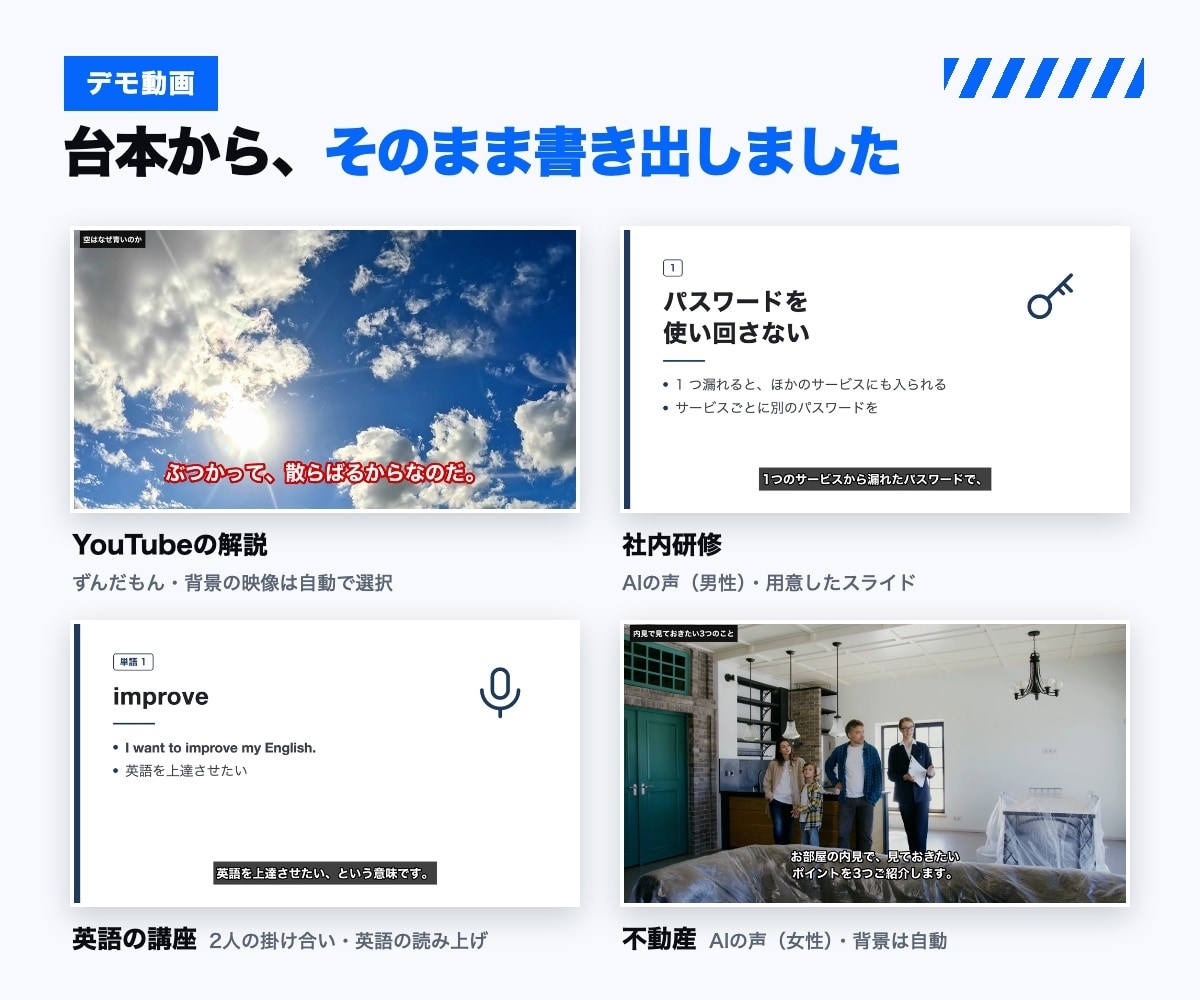 台本から解説動画を自動生成するツールを開発します 声・字幕・背景・スライド・BGMまで、自動で書き出します イメージ2