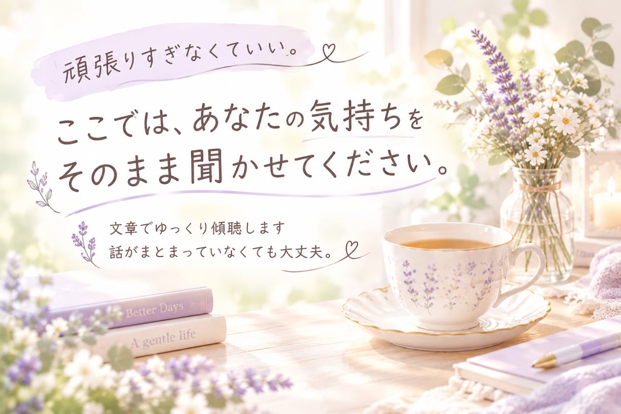 頑張すぎているあなたの気持ちを言葉でお聞きします ただ聞いてほしい。そんな気持ちに寄り添います。 イメージ1