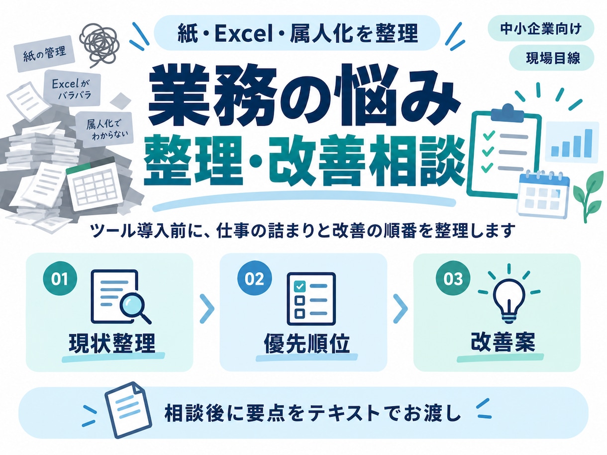 紙・Excel・属人化の悩みを整理します ツール導入前に、仕事の詰まりと改善の順番を整理します イメージ1