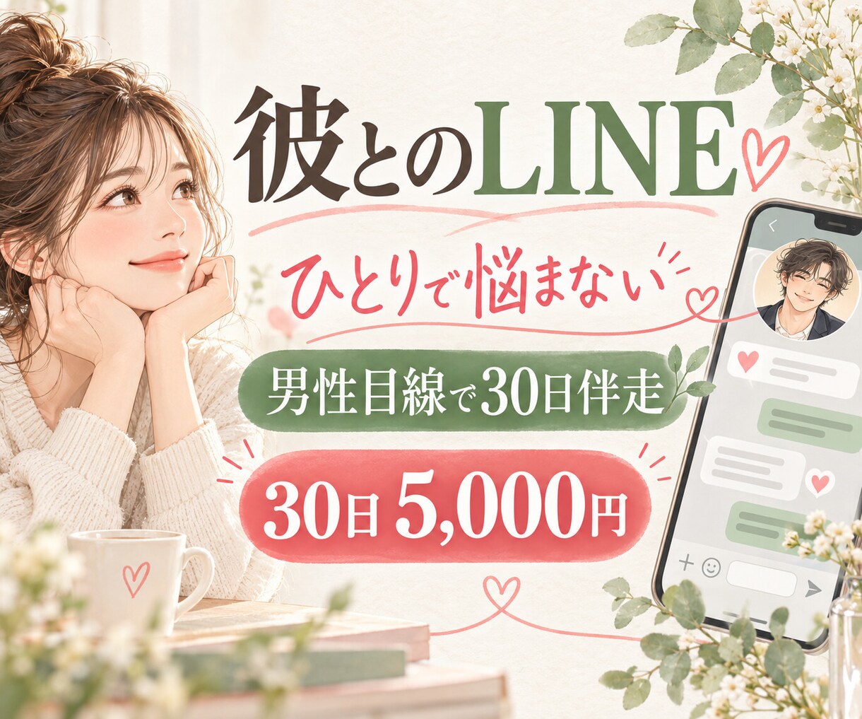 彼とのLINEと恋愛を男性目線で30日伴走します 返信・誘い方・距離感まで、30日間一緒に考えます イメージ1