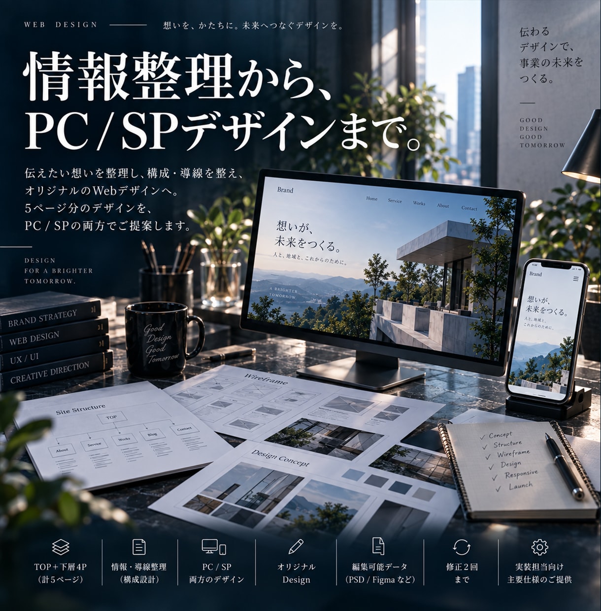 構成から実装まで考えた5PのWebデザインをします 情報整理からPC・スマホ、編集データまで イメージ2