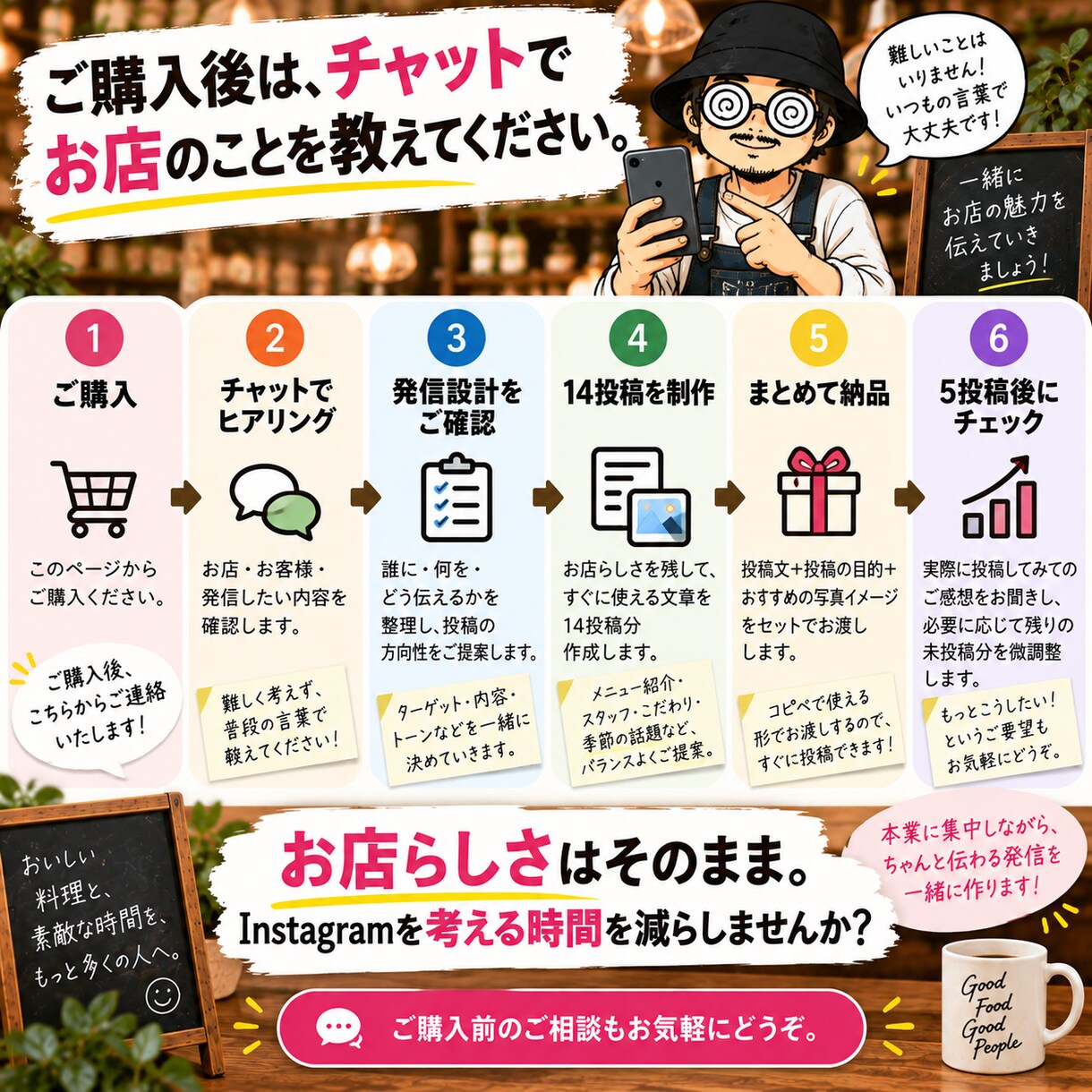 飲食店のインスタグラム発信を設計し14投稿作ります お店らしさはそのまま。投稿ネタと文章を考える手間を減らします イメージ7