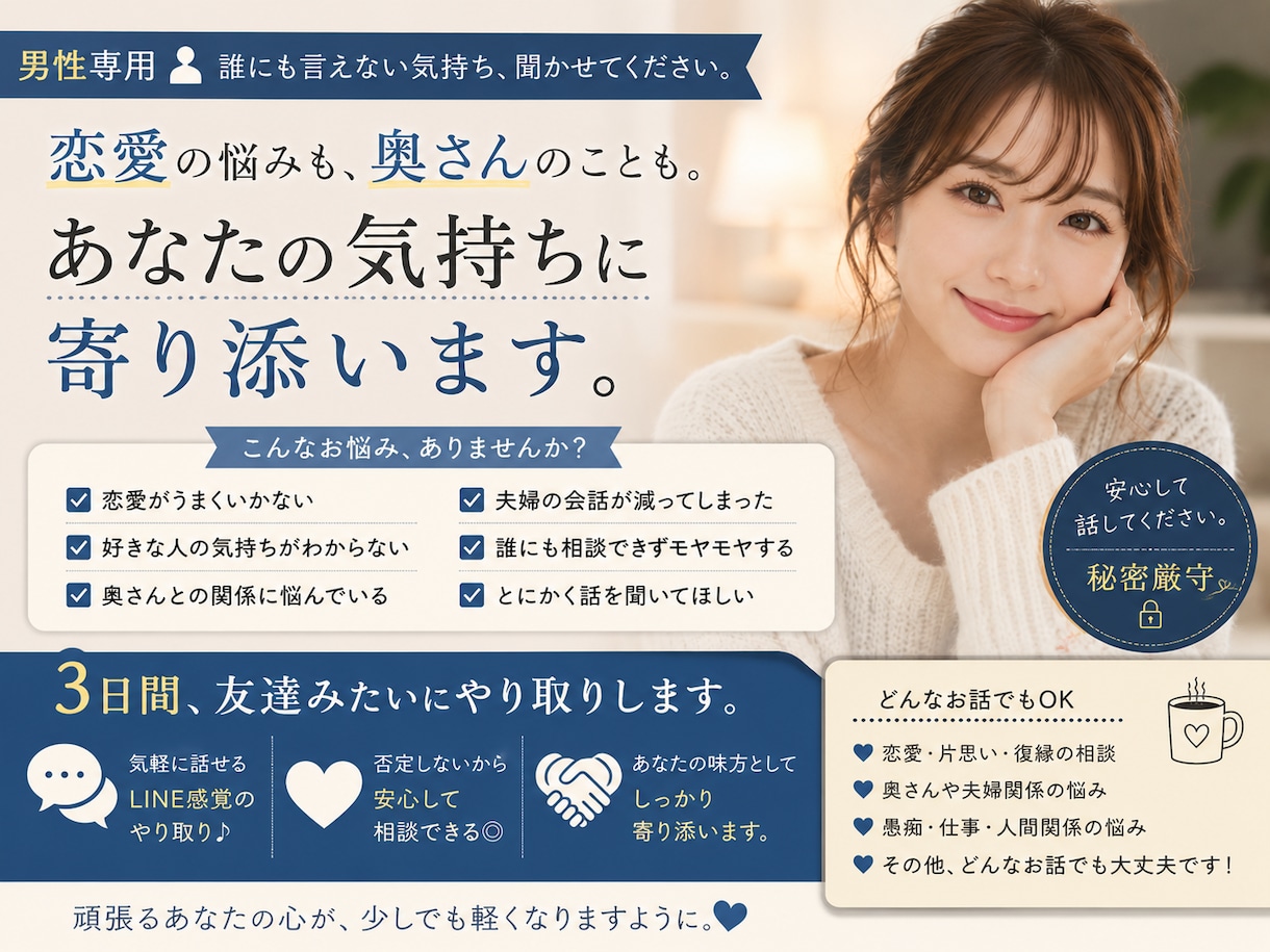 30分集中！女性目線であなたのお悩みに寄り添います 女性はどう思うんだろう？を一緒に解決しましょう イメージ1