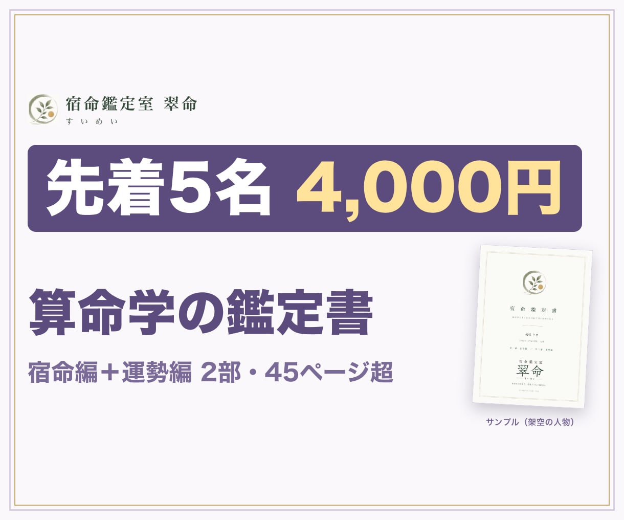 先着5名特価で宿命鑑定書と12年の運勢を作ります 先着5名4,000円。算命学の宿命編＋運勢編の2部PDF イメージ1