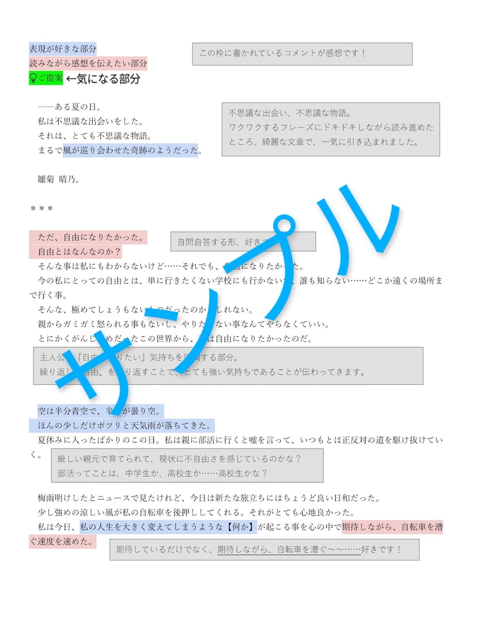 作品に書き込み型の感想を納品します 丁寧な対応を心掛けております！ イメージ2