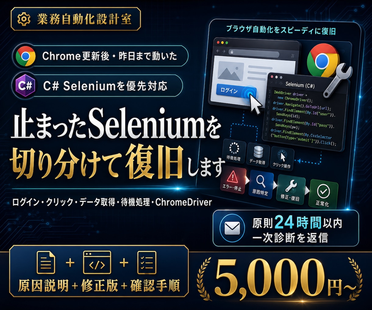 止まったSeleniumを復旧します ログイン・クリック・取得エラーを原因から切り分け イメージ1