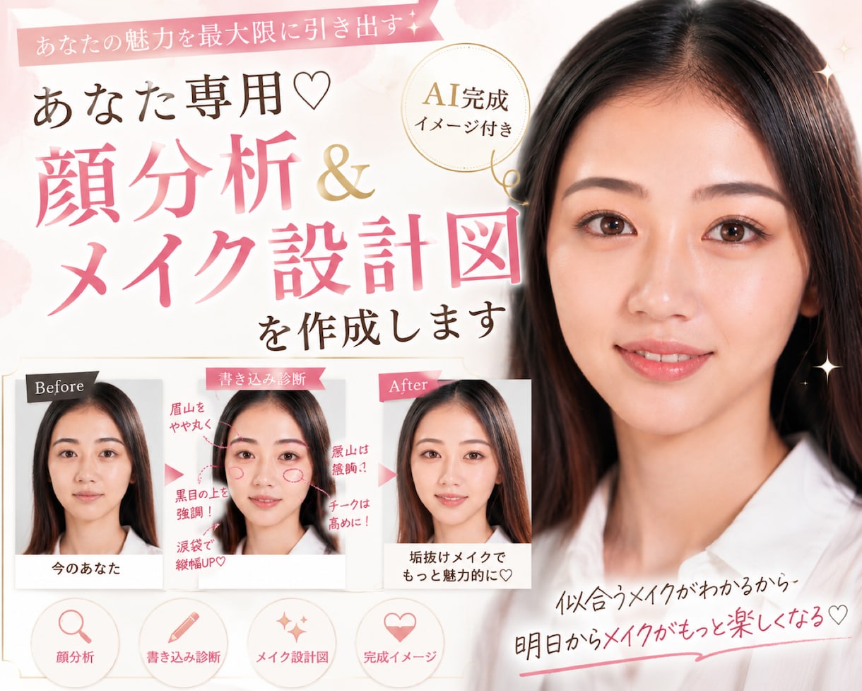 あなた専用♡顔分析＆メイク設計図を作成します 書き込み診断＆完成イメージ付き✨ イメージ1