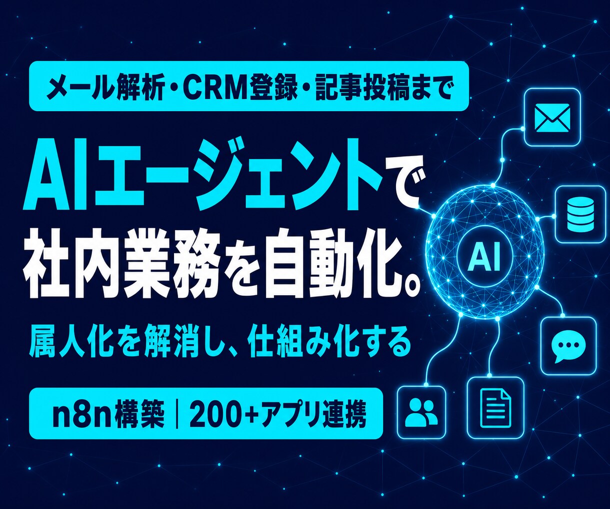 AIエージェントで社内業務を自動化します n8n構築｜メール解析・CRM登録・記事投稿までAIが処理 イメージ1