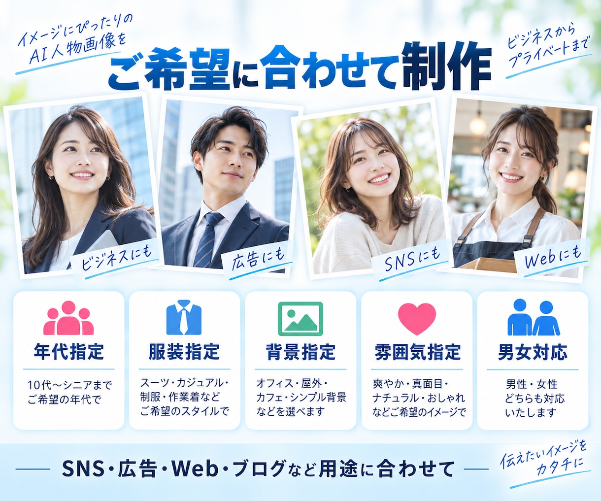 SNS・広告・Webに使えるAI人物画像制作します 撮影不要｜年代・服装・背景・雰囲気を指定して人物素材を制作 イメージ3