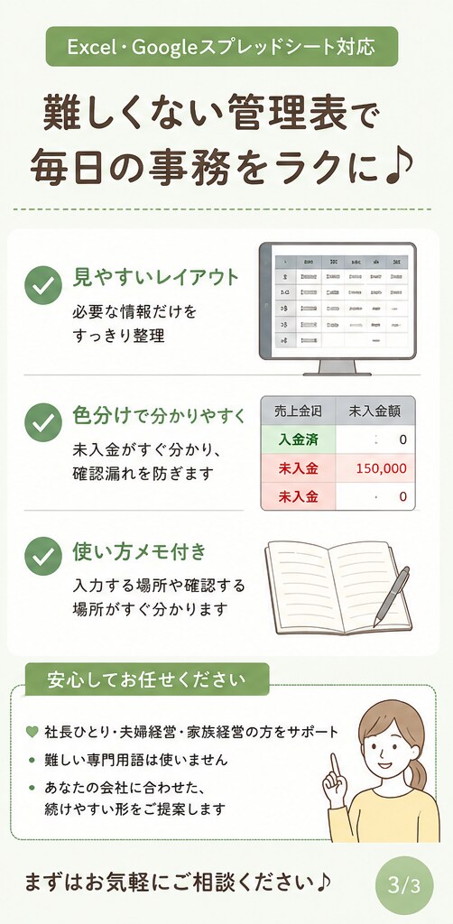未入金が一目で分かる管理表を作ります 一目で分かる色分けで確認漏れを防ぎます イメージ3