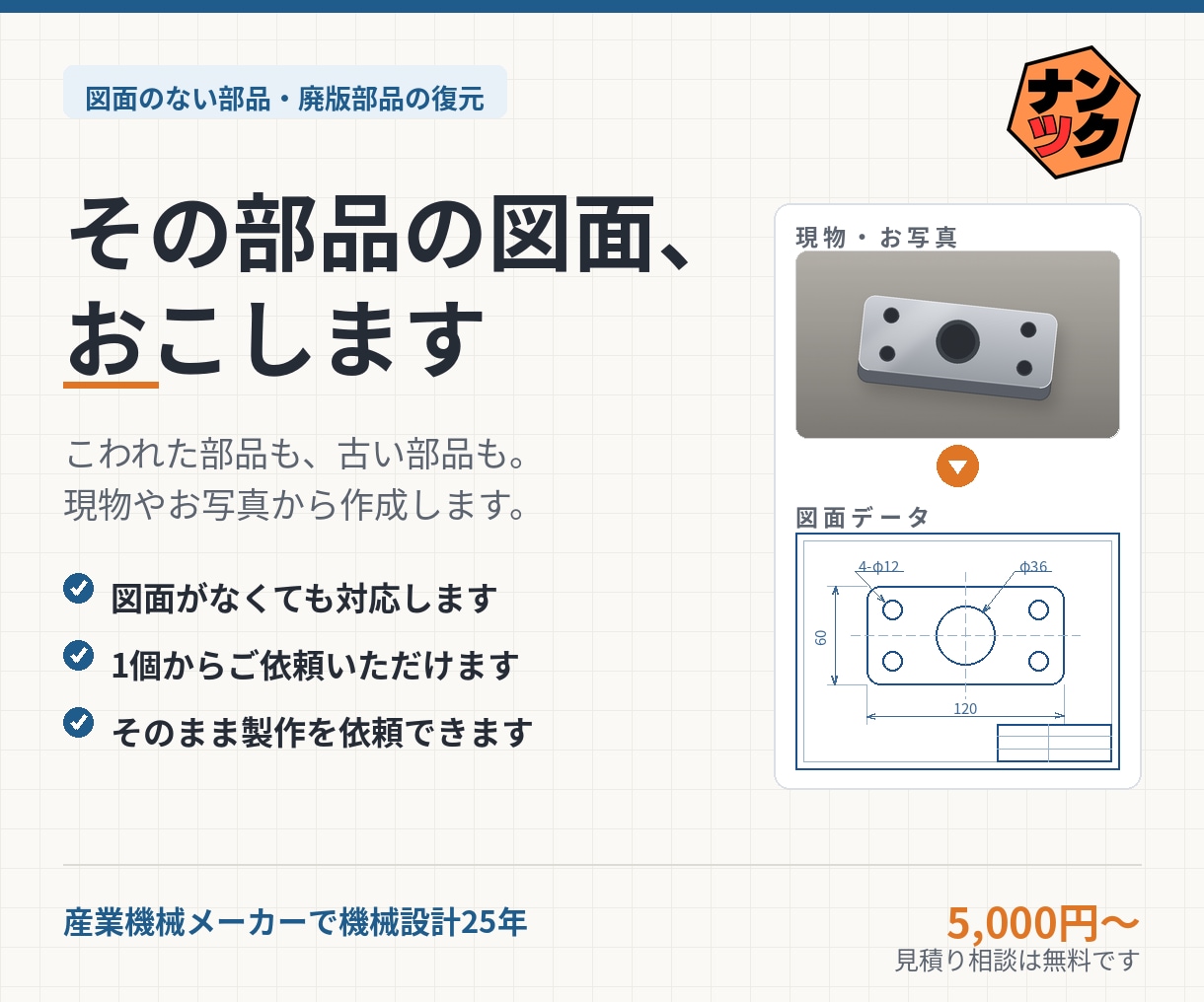 現物や手書きスケッチから図面を作成します 現物1個から作図OK｜3Dスキャナ実測・STEPデータ対応 イメージ1