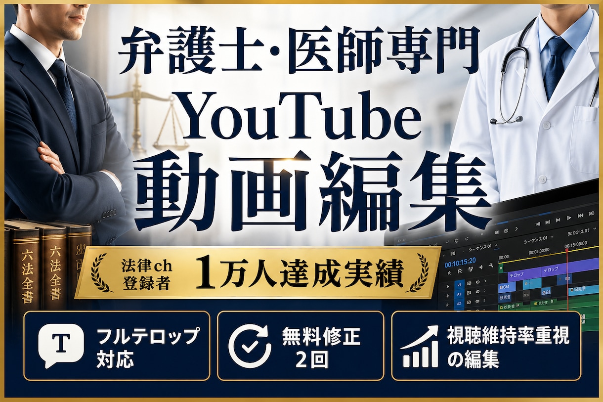 弁護士・医師専門｜YouTube動画編集いたします 法律chを1万人まで育てた実績で、専門家の発信をサポート イメージ1