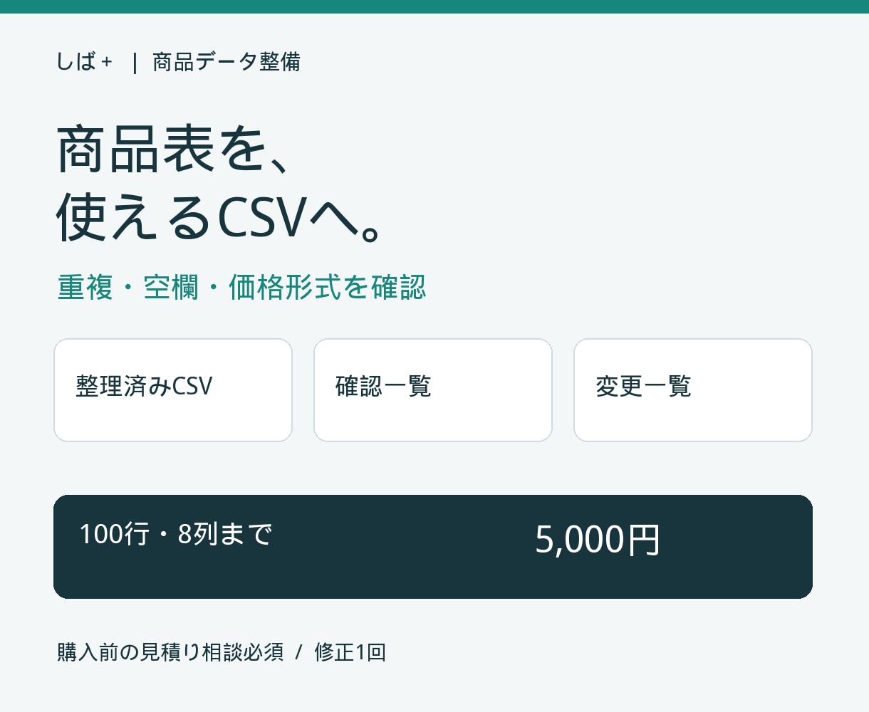商品表をCSVに整え重複・空欄を確認します 商品コード・価格の不備を確認一覧で見える化 イメージ1