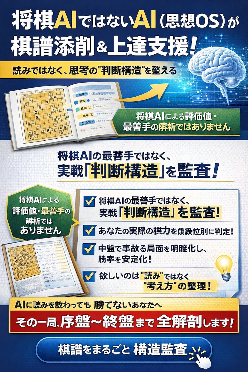 将棋AIではないAIがあなたの将棋を診断します 将棋AIではないAIによる将棋棋譜添削・上達アドバイス イメージ1