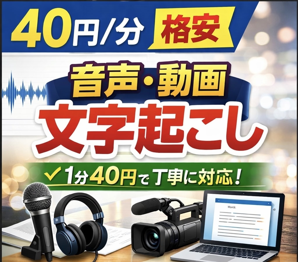 40円／分・格安！！音声・動画の文字起こしをします 音声・動画の文字起こしを1分40円の格安価格で承ります。 イメージ1