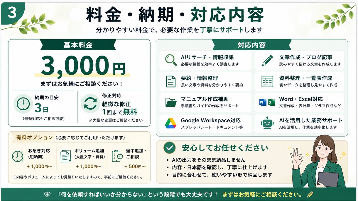 AIリサーチ・文章・資料整理を丁寧に代行します 必要な情報を調べ、整理し、そのまま使える形で納品します。 イメージ3