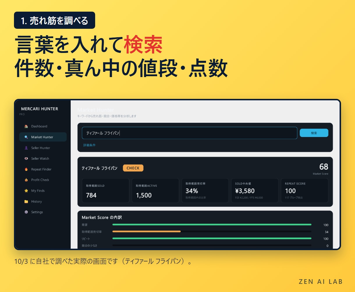 メルカリの売れ筋と出品者を調べるツールを販売します リサーチを1つのWindowsアプリに。実調査の画面つき イメージ3