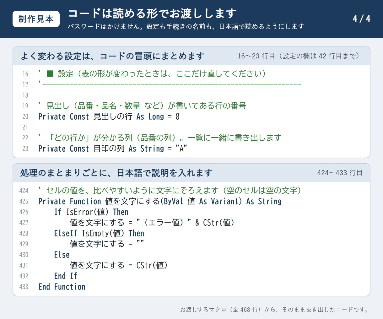 繰り返すExcel作業をVBAマクロで自動化します 通話なし・文章のやり取りだけで最後まで進められます イメージ5